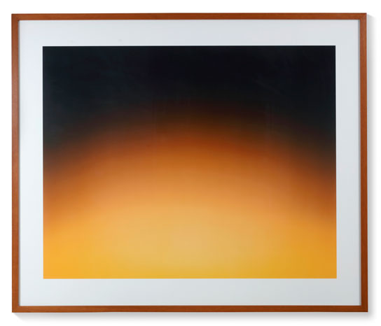 Untitled II, 1993: A photograph by Andreas Gursky. It shows a sunset scene, but the image is highly abstracted into a black top part, covered from below with a stylized sun that dissipates at its border into the background. The colors blend together, creating a sense of calm and serenity, while the details of the landscape are obscured.