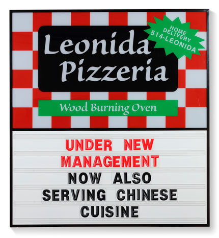 Leonida Pizzeria, 2003: An artwork by Ken Lum. It resembles a public sign or billboard, with text (Leonida Pizzeria. Home Delivery 514-LEONIDA. Wood Burning Oven. Under New Management. Now also servinc Chinese cuisine.) and images commenting on globalization. The design is bold and graphic, using familiar visual language to convey its message.