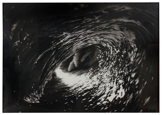 Untitled (Black Tube), 2002: A large charcoal drawing by Robert Longo. It shows a powerful wave crashing, with intricate details of the water’s movement and spray. The wave is depicted in black and white, capturing the raw energy and force of nature.